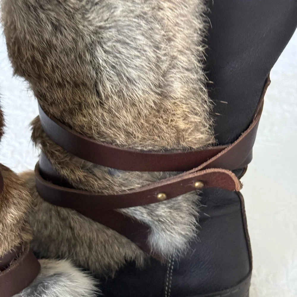 MANAS Brown Leather boots with straps & Rabbit Fur size 10.5